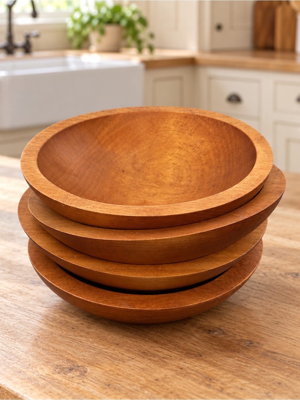 Set of 4 Vintage BariboMaid Canada Wooden Salad Bowls Brown Rustic Farmhouse
